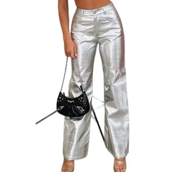 Wayf Silver Metallic Pants straight leg futuristic zip button pockets belt loops - Picture 12 of 12